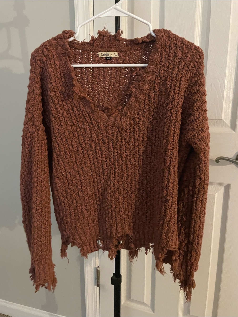 Camille + Co. Distressed V-Neck Sweater - Rust